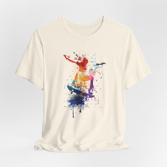 Skateboard Splash Tee — Colorful Watercolor Skateboarder Graphic T‑Shirt