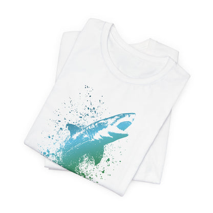 Great White Graphic Tee — Blue & Green Watercolor Shark T‑Shirt