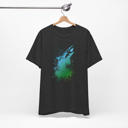 Great White Graphic Tee — Blue & Green Watercolor Shark T‑Shirt