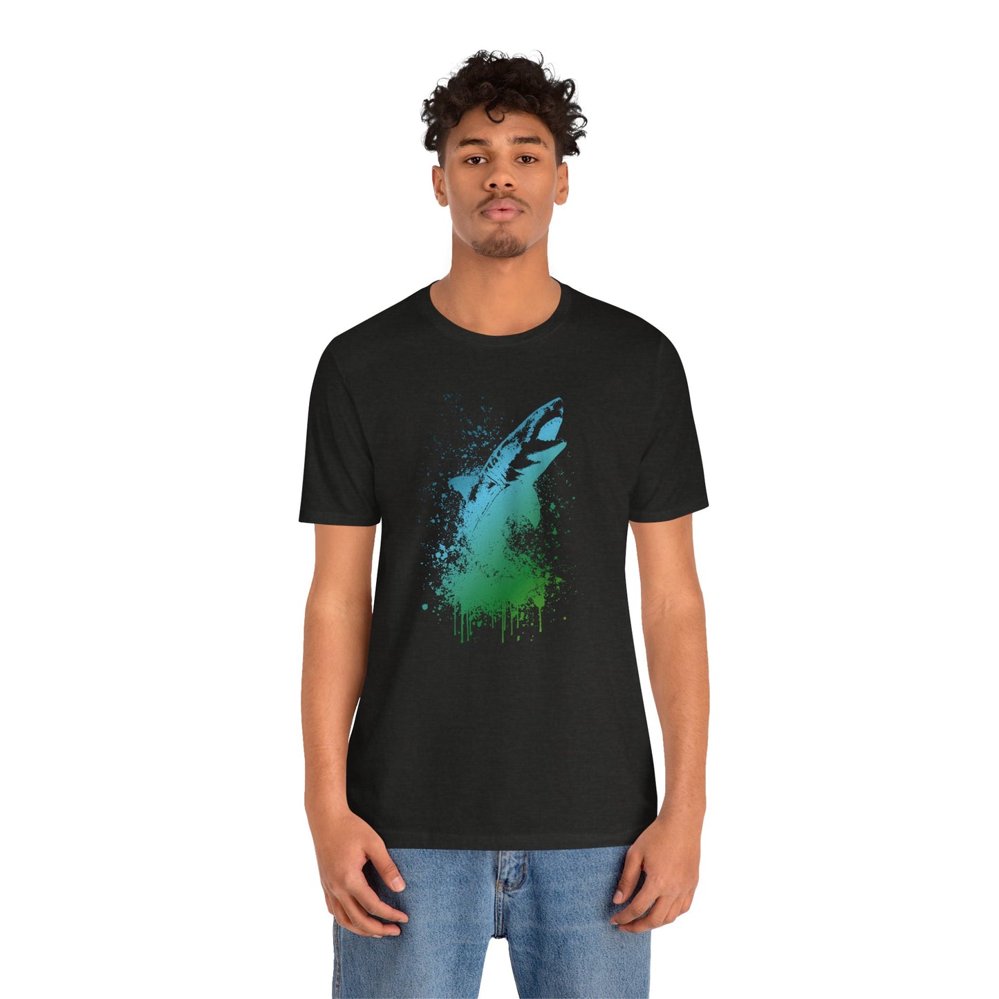 Great White Graphic Tee — Blue & Green Watercolor Shark T‑Shirt