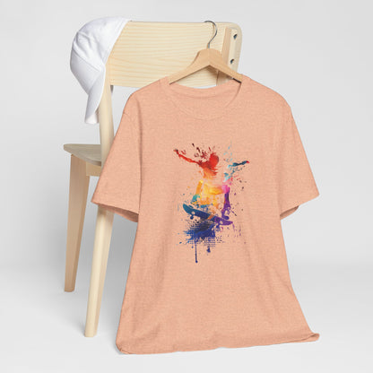 Skateboard Splash Tee — Colorful Watercolor Skateboarder Graphic T‑Shirt