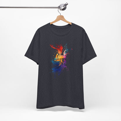 Skateboard Splash Tee — Colorful Watercolor Skateboarder Graphic T‑Shirt