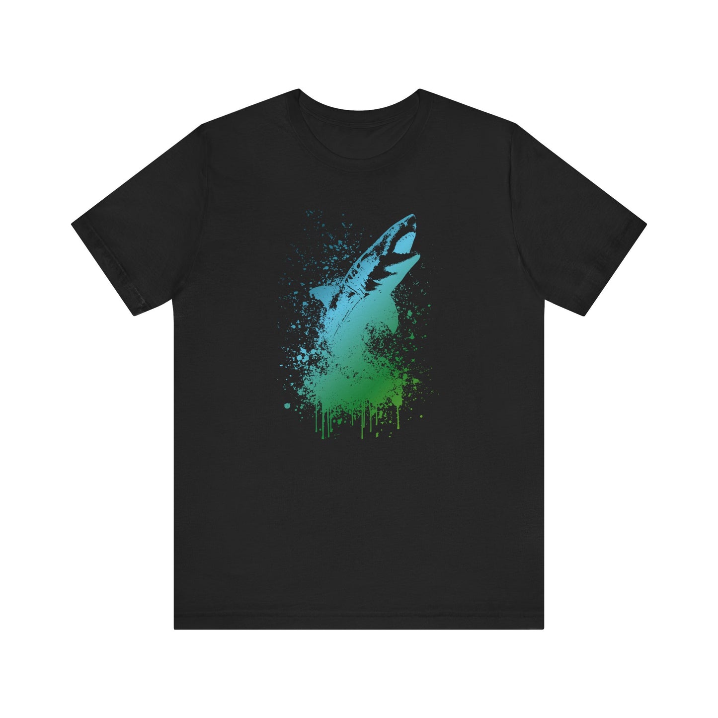 Great White Graphic Tee — Blue & Green Watercolor Shark T‑Shirt