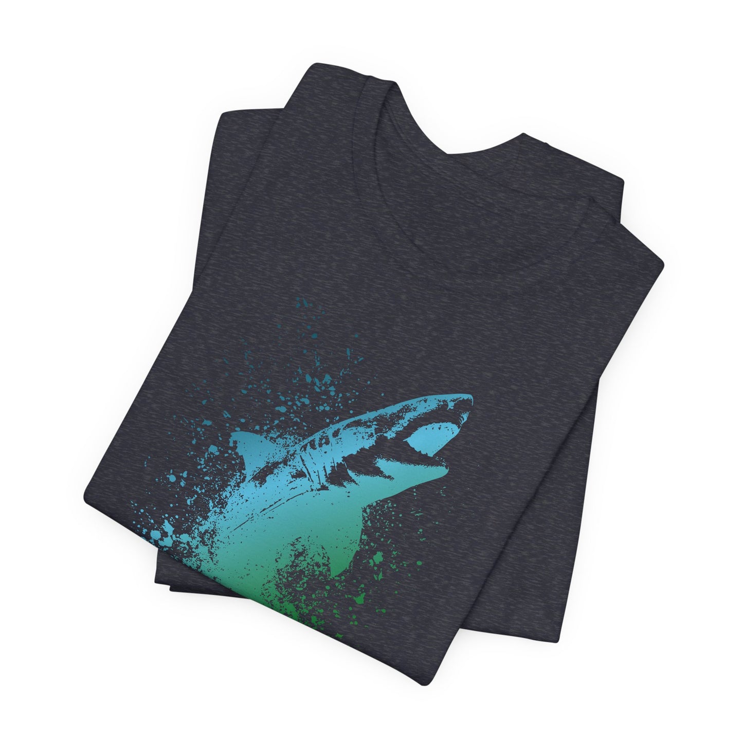 Great White Graphic Tee — Blue & Green Watercolor Shark T‑Shirt