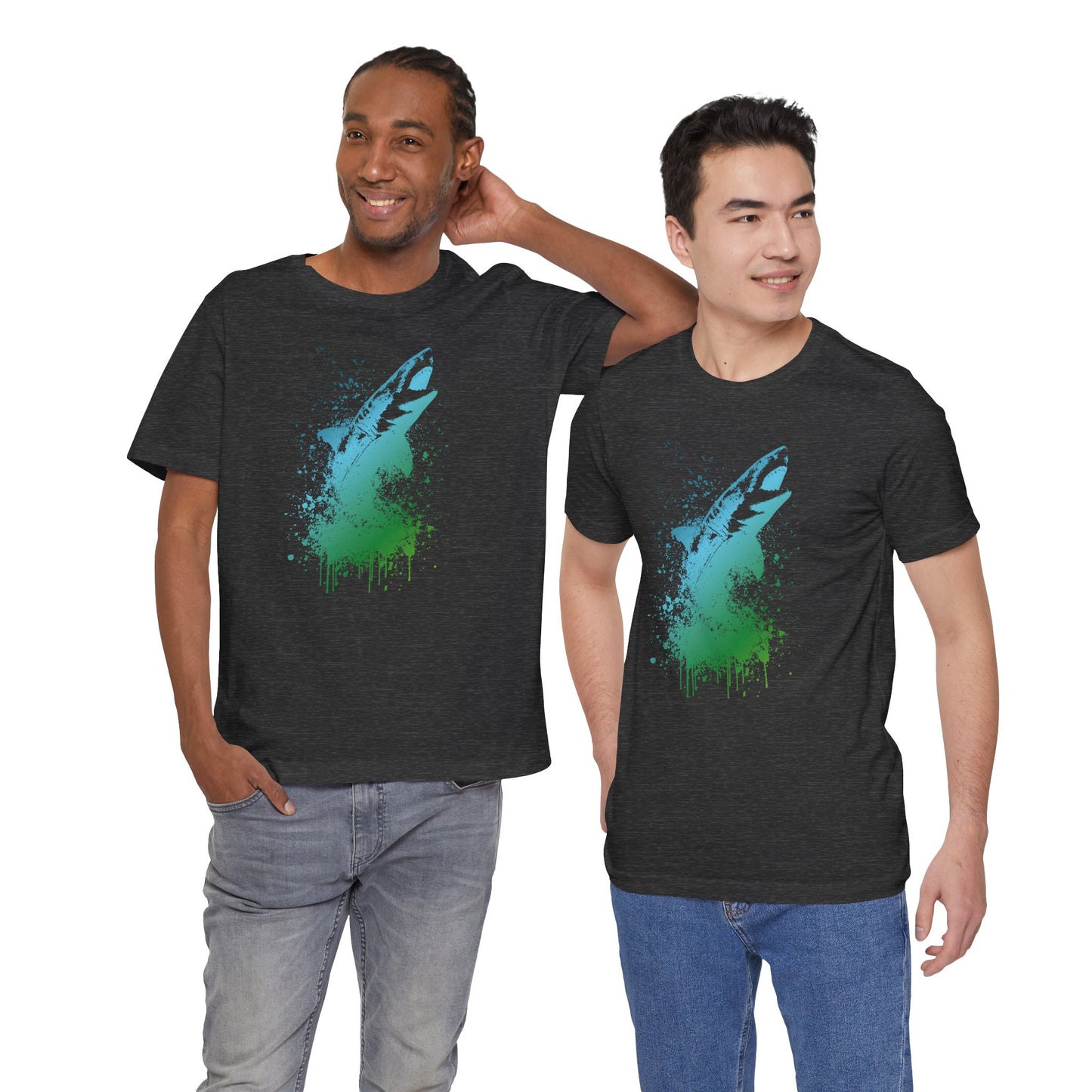 Great White Graphic Tee — Blue & Green Watercolor Shark T‑Shirt