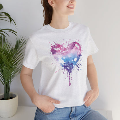 Watercolor Splatter Heart T‑Shirt — Galaxy Pink & Blue Drip Tee