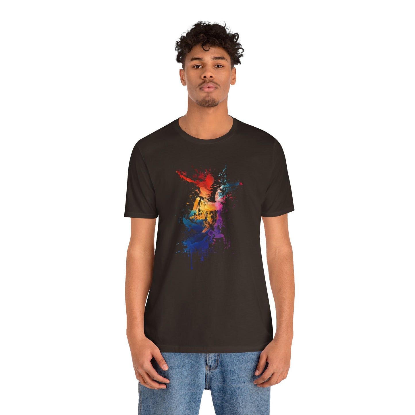 Skateboard Splash Tee — Colorful Watercolor Skateboarder Graphic T‑Shirt