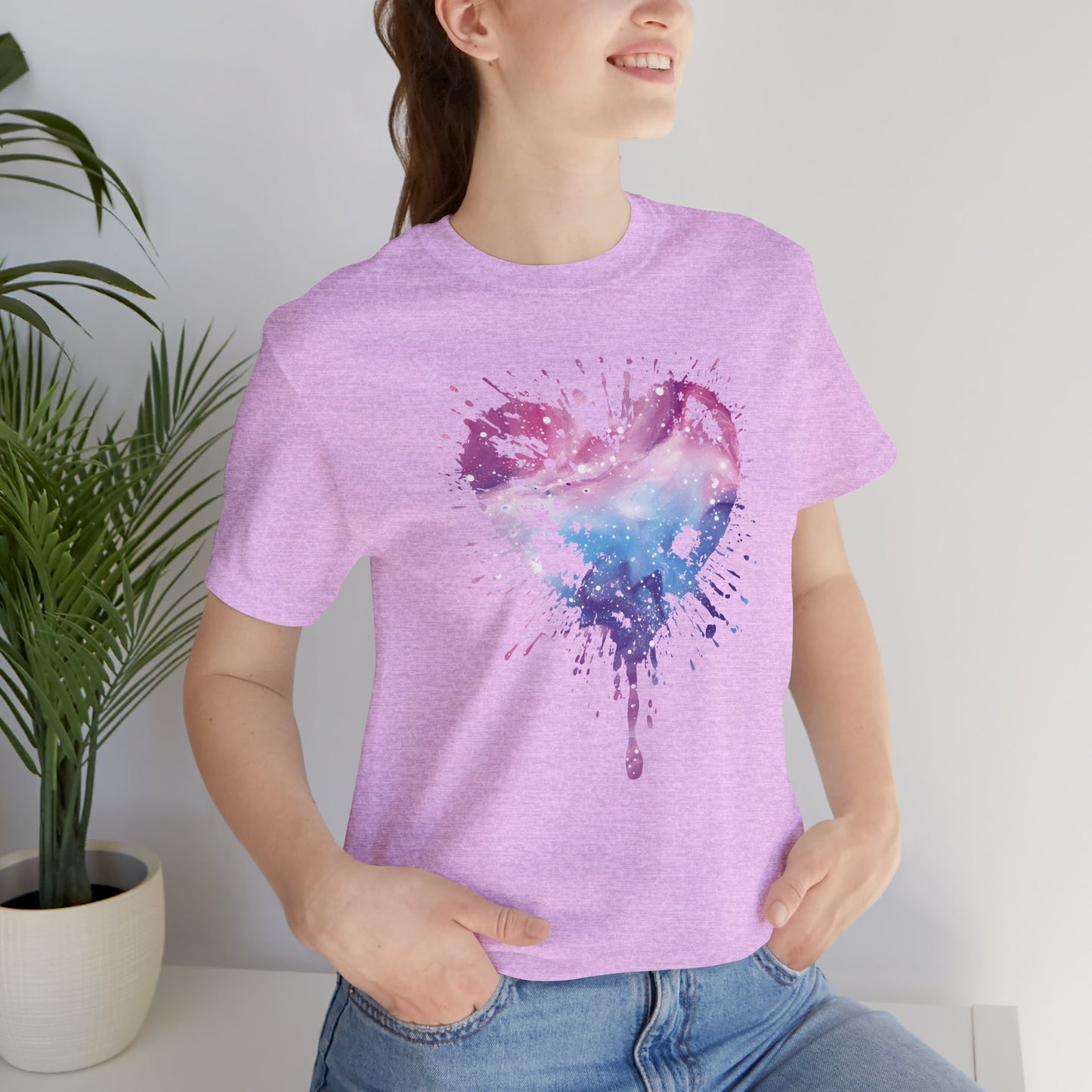 Watercolor Splatter Heart T‑Shirt — Galaxy Pink & Blue Drip Tee