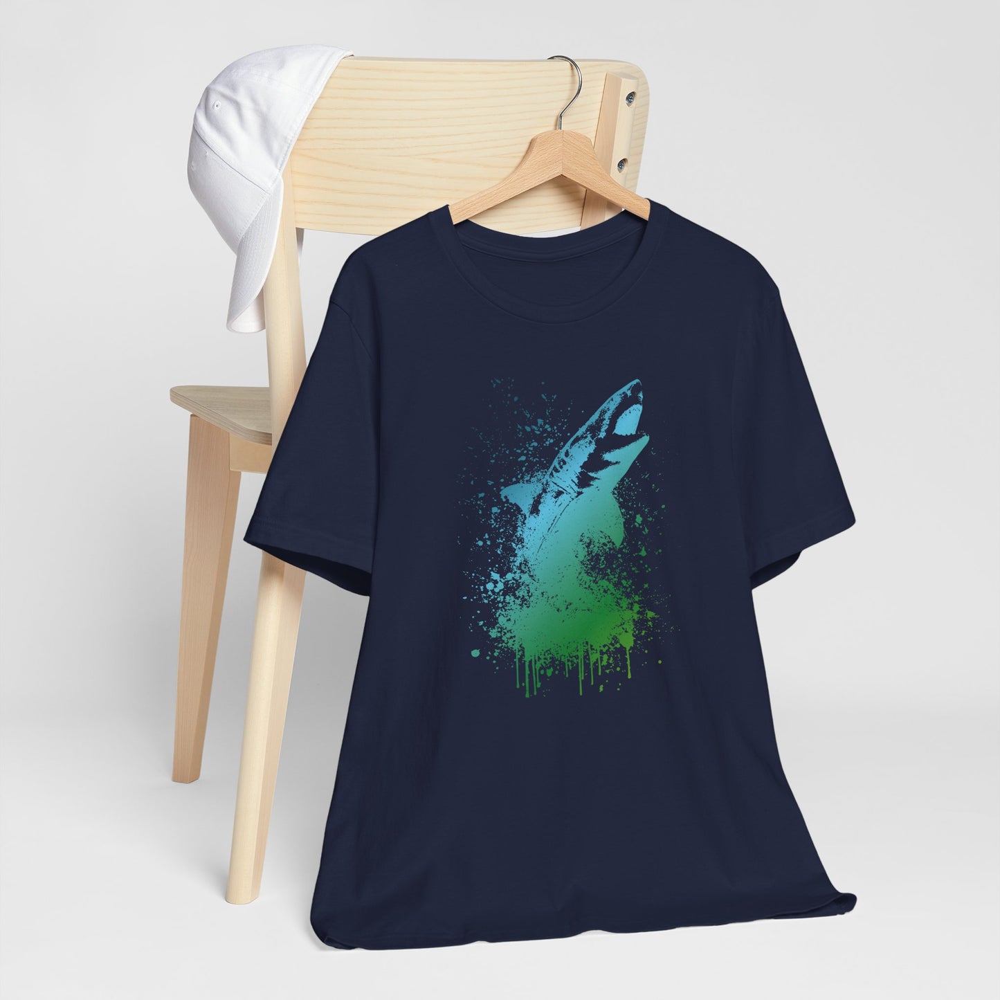 Great White Graphic Tee — Blue & Green Watercolor Shark T‑Shirt