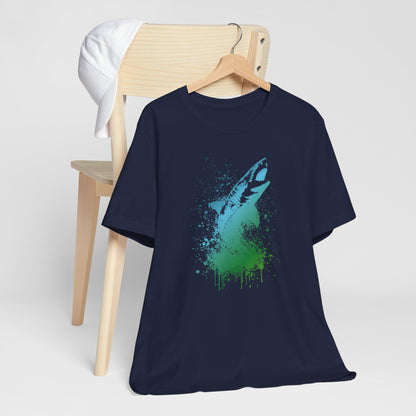 Great White Graphic Tee — Blue & Green Watercolor Shark T‑Shirt