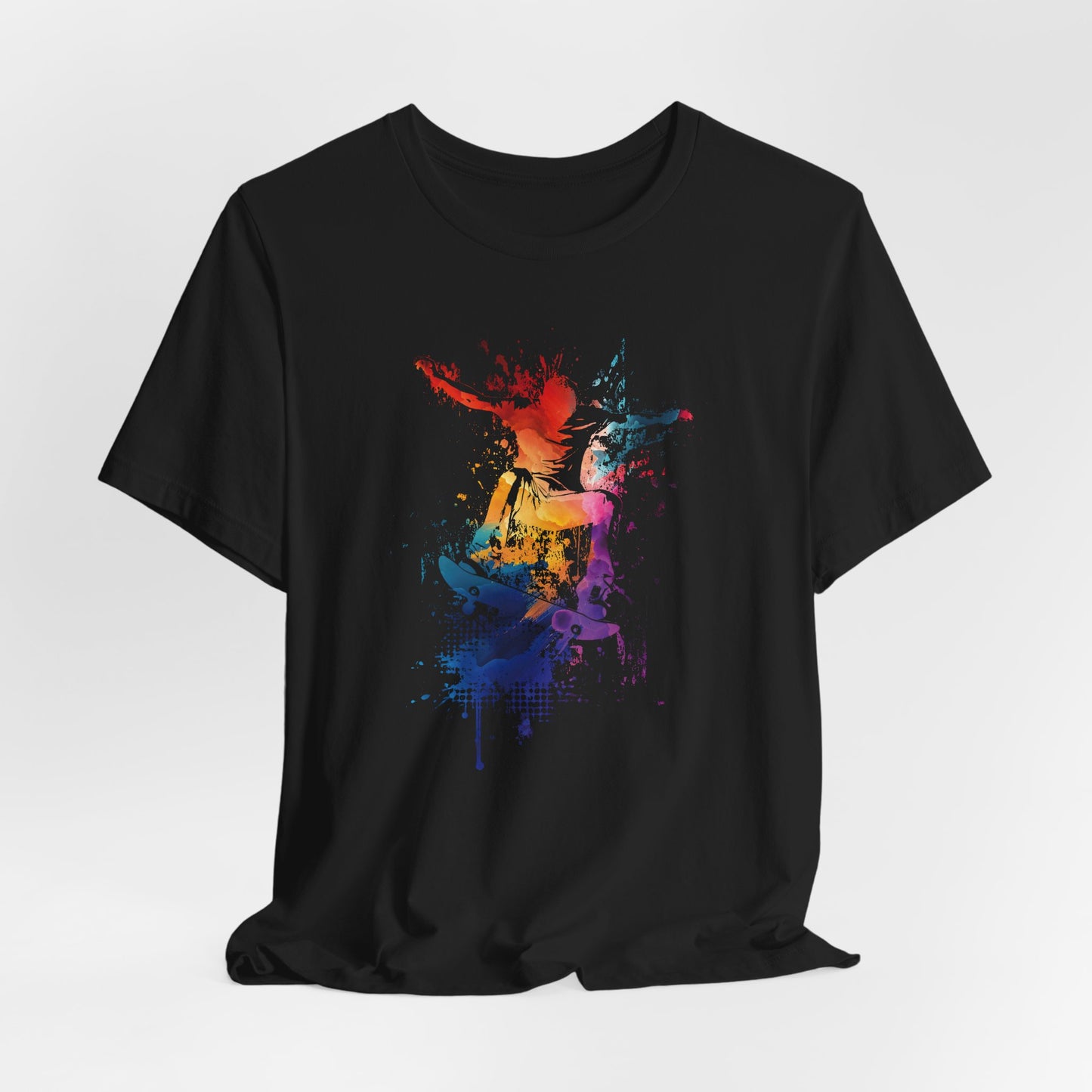 Skateboard Splash Tee — Colorful Watercolor Skateboarder Graphic T‑Shirt