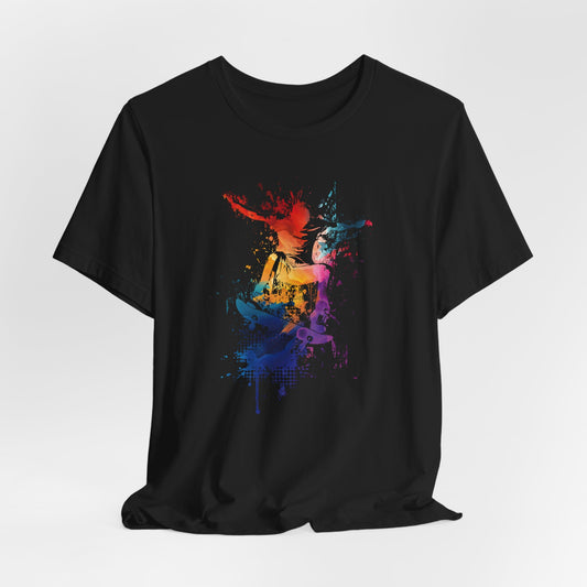 Skateboard Splash Tee — Colorful Watercolor Skateboarder Graphic T‑Shirt