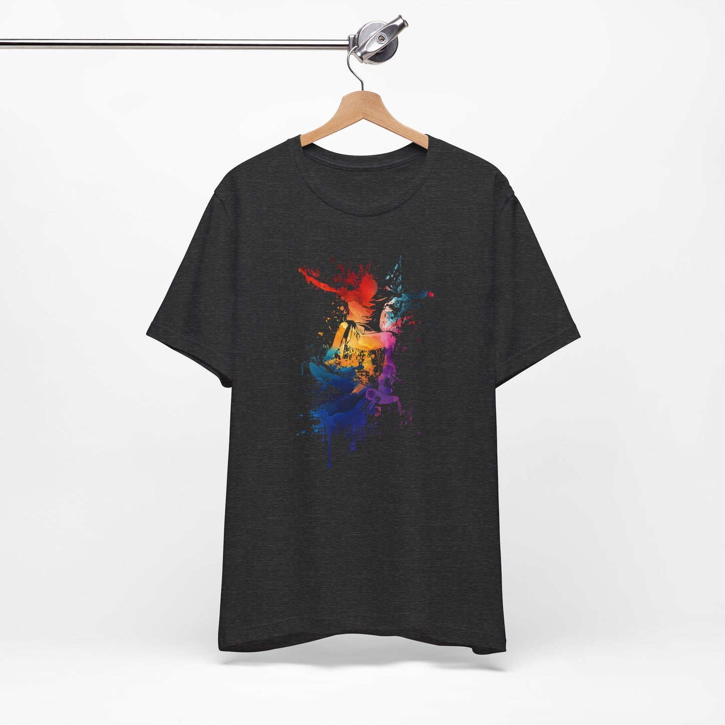 Skateboard Splash Tee — Colorful Watercolor Skateboarder Graphic T‑Shirt
