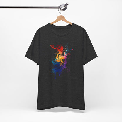 Skateboard Splash Tee — Colorful Watercolor Skateboarder Graphic T‑Shirt