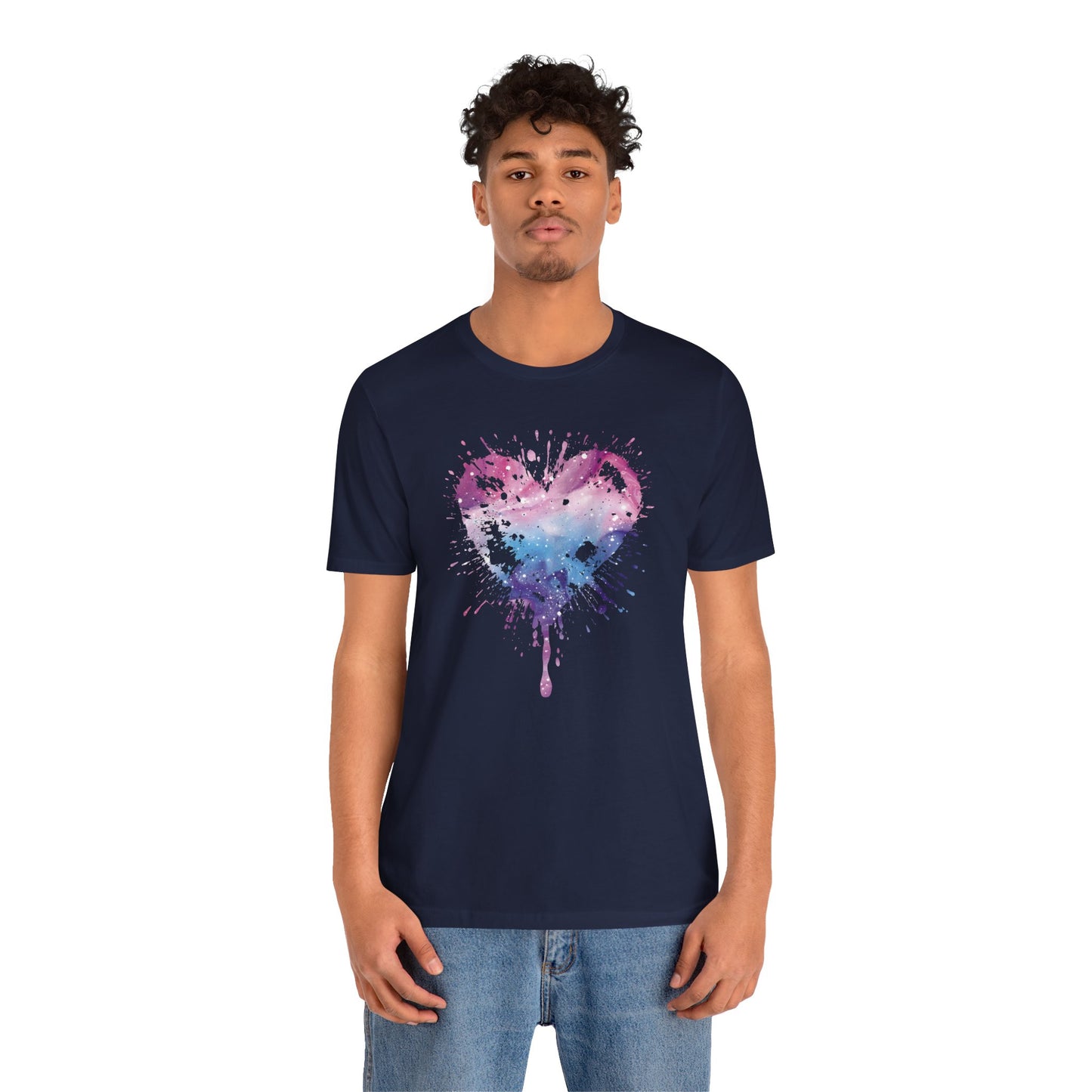 Watercolor Splatter Heart T‑Shirt — Galaxy Pink & Blue Drip Tee