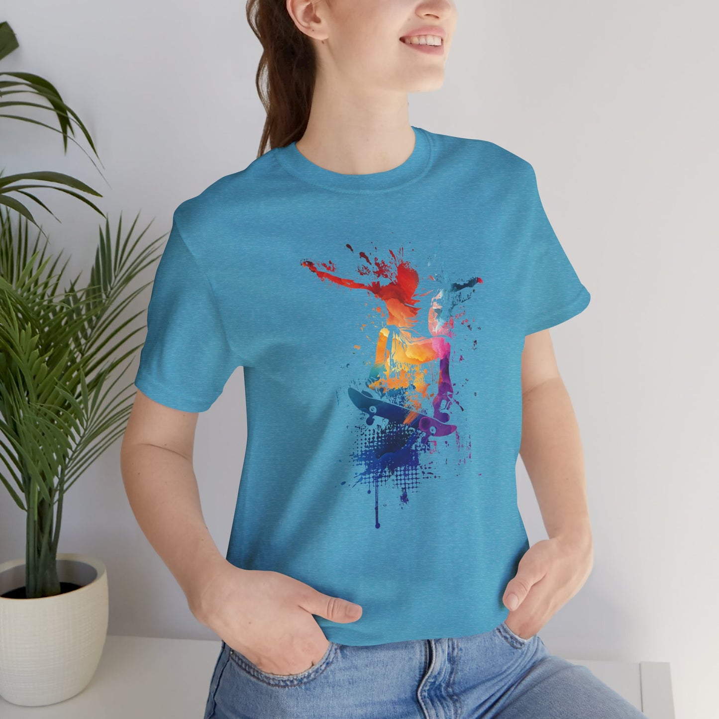 Skateboard Splash Tee — Colorful Watercolor Skateboarder Graphic T‑Shirt