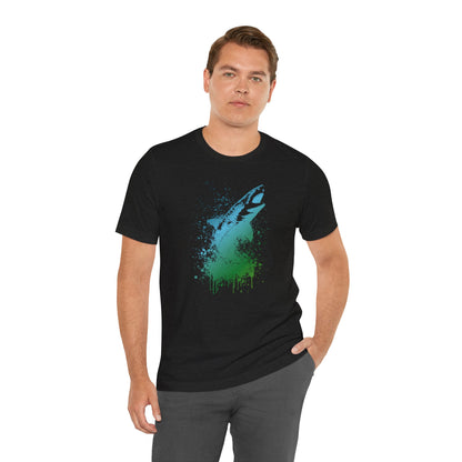 Great White Graphic Tee — Blue & Green Watercolor Shark T‑Shirt