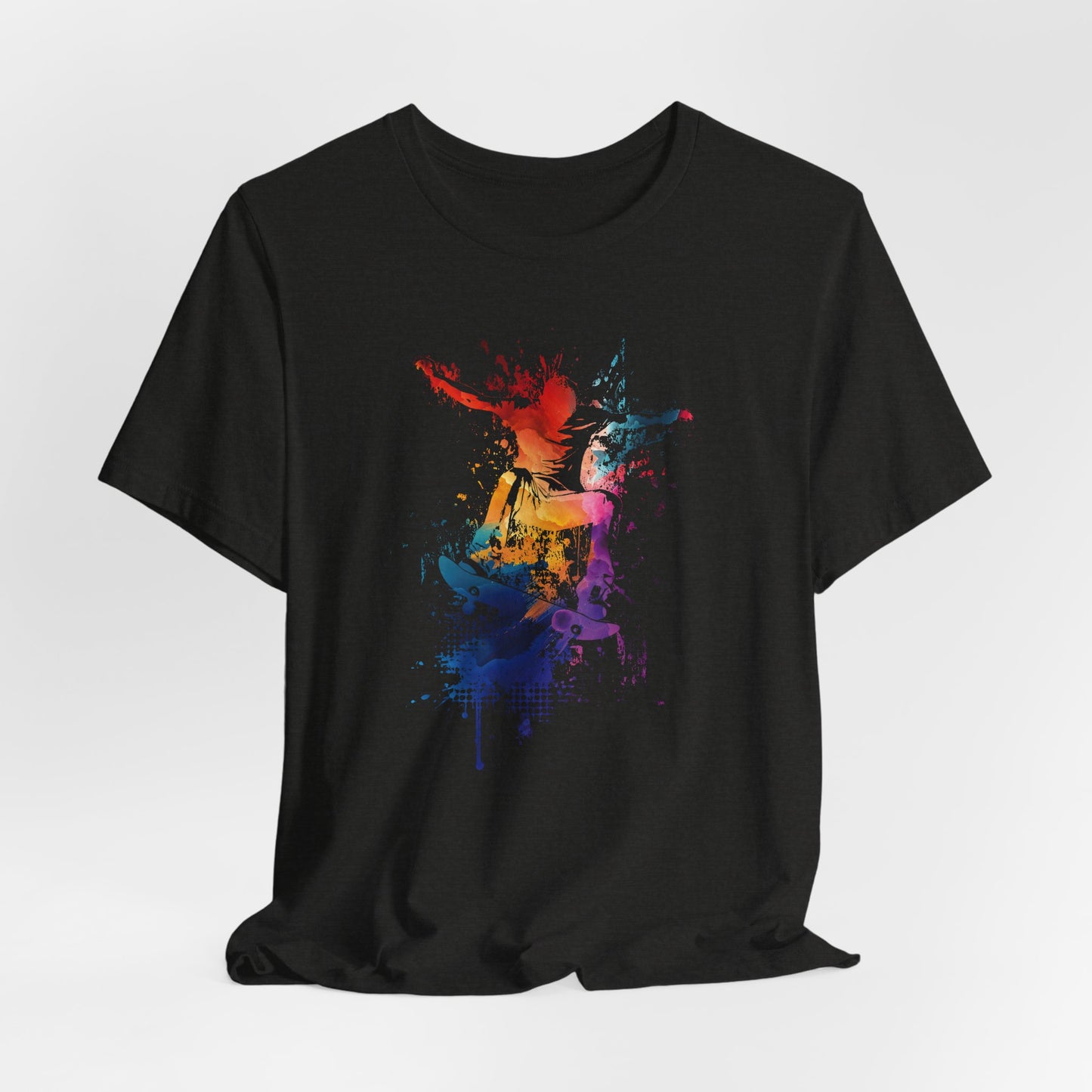 Skateboard Splash Tee — Colorful Watercolor Skateboarder Graphic T‑Shirt