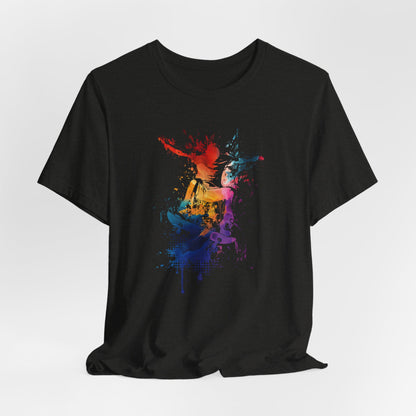 Skateboard Splash Tee — Colorful Watercolor Skateboarder Graphic T‑Shirt