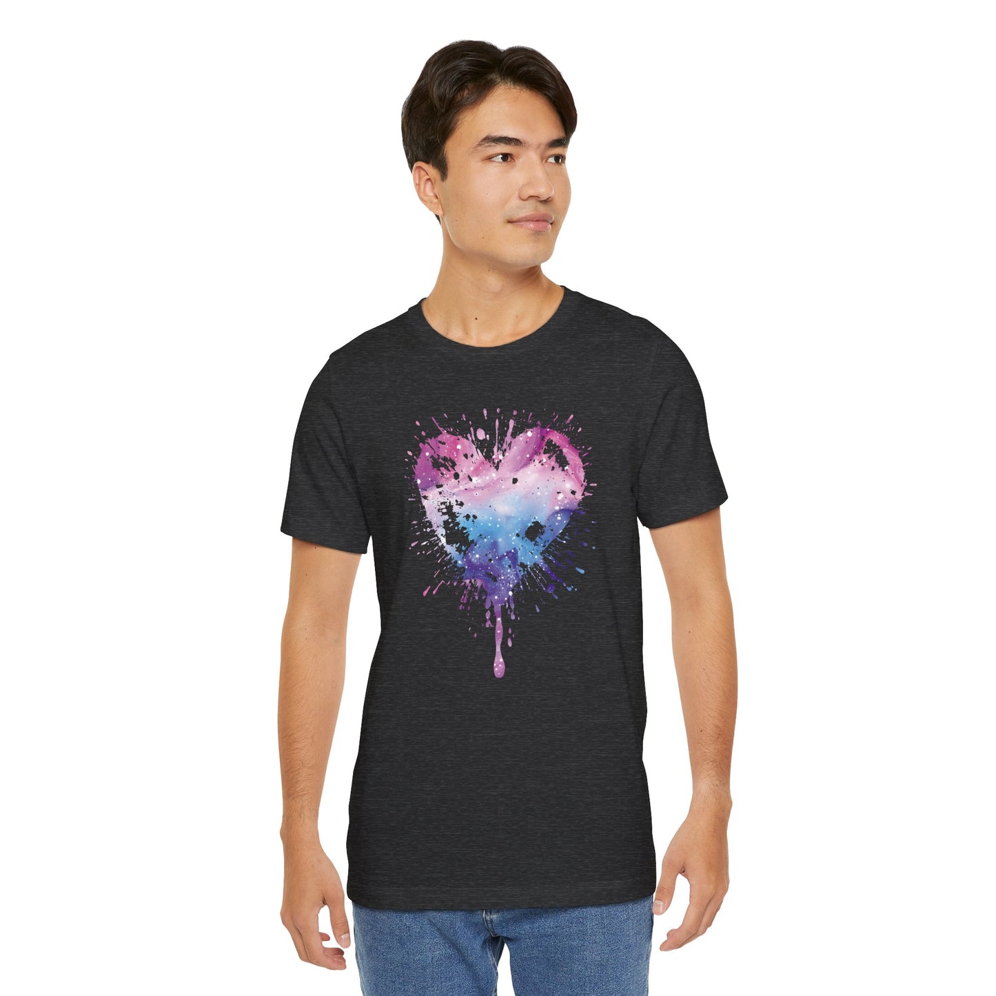 Watercolor Splatter Heart T‑Shirt — Galaxy Pink & Blue Drip Tee