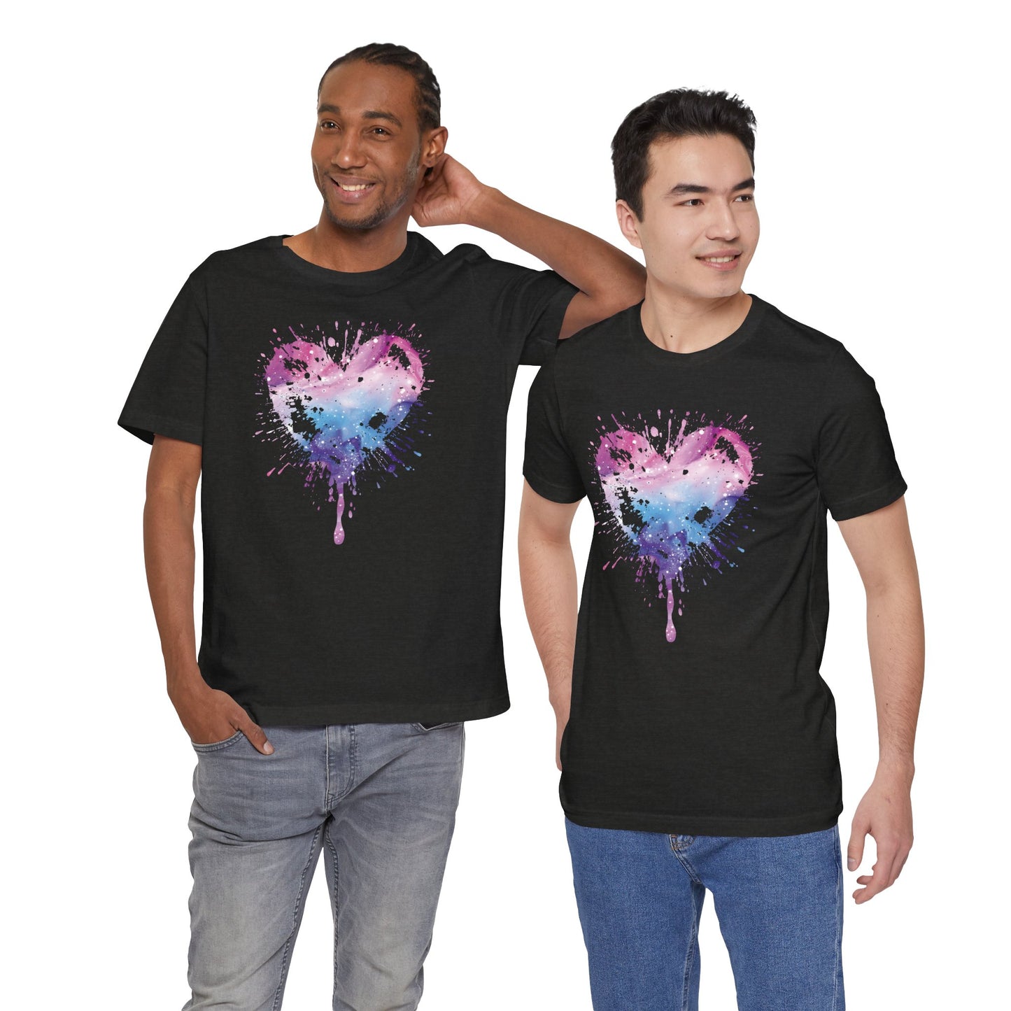 Watercolor Splatter Heart T‑Shirt — Galaxy Pink & Blue Drip Tee