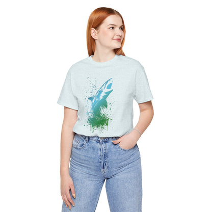 Great White Graphic Tee — Blue & Green Watercolor Shark T‑Shirt