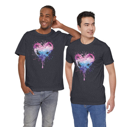 Watercolor Splatter Heart T‑Shirt — Galaxy Pink & Blue Drip Tee