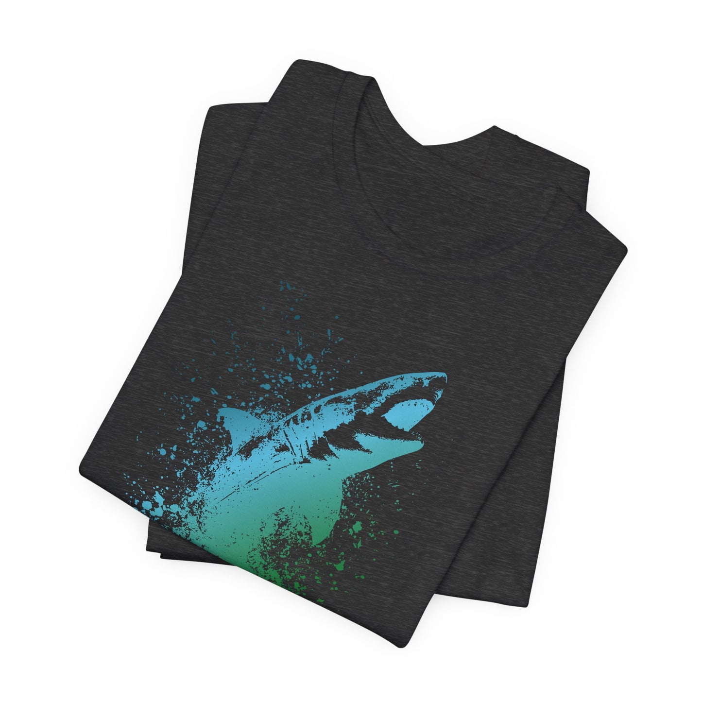 Great White Graphic Tee — Blue & Green Watercolor Shark T‑Shirt