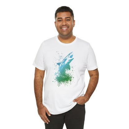 Great White Graphic Tee — Blue & Green Watercolor Shark T‑Shirt