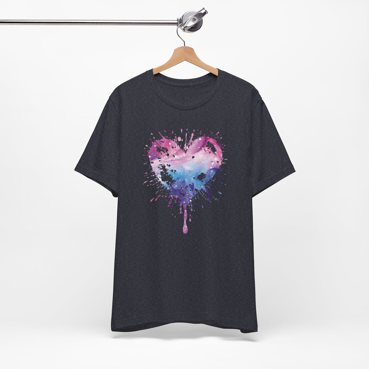 Watercolor Splatter Heart T‑Shirt — Galaxy Pink & Blue Drip Tee