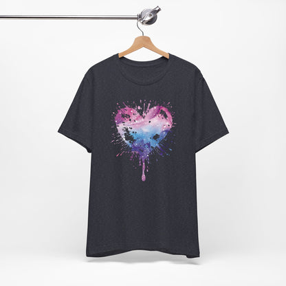 Watercolor Splatter Heart T‑Shirt — Galaxy Pink & Blue Drip Tee