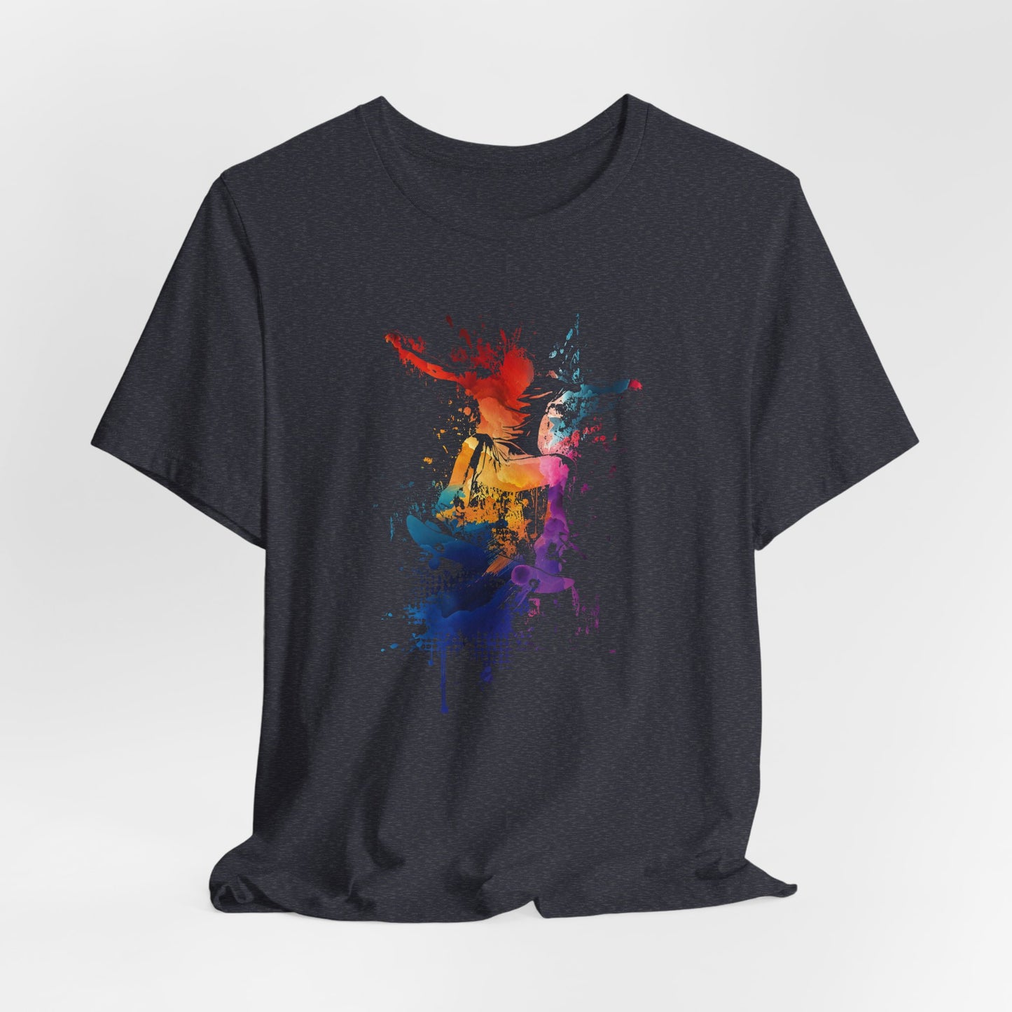 Skateboard Splash Tee — Colorful Watercolor Skateboarder Graphic T‑Shirt