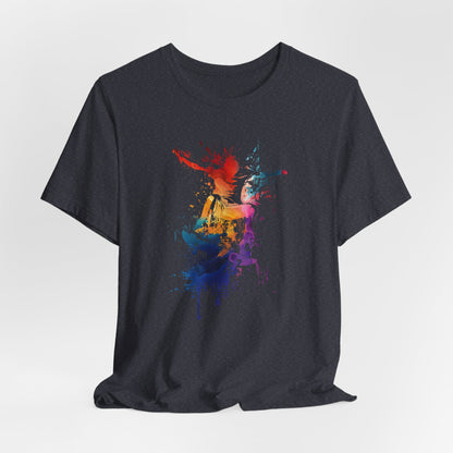 Skateboard Splash Tee — Colorful Watercolor Skateboarder Graphic T‑Shirt