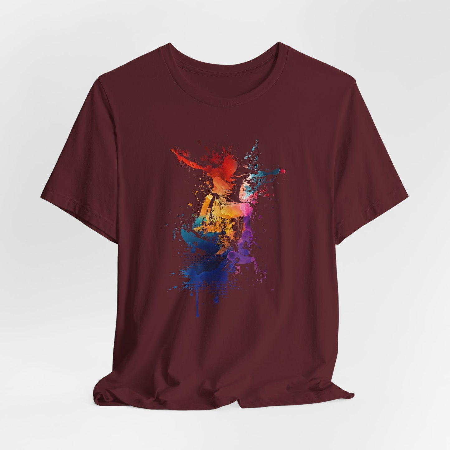 Skateboard Splash Tee — Colorful Watercolor Skateboarder Graphic T‑Shirt