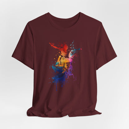 Skateboard Splash Tee — Colorful Watercolor Skateboarder Graphic T‑Shirt