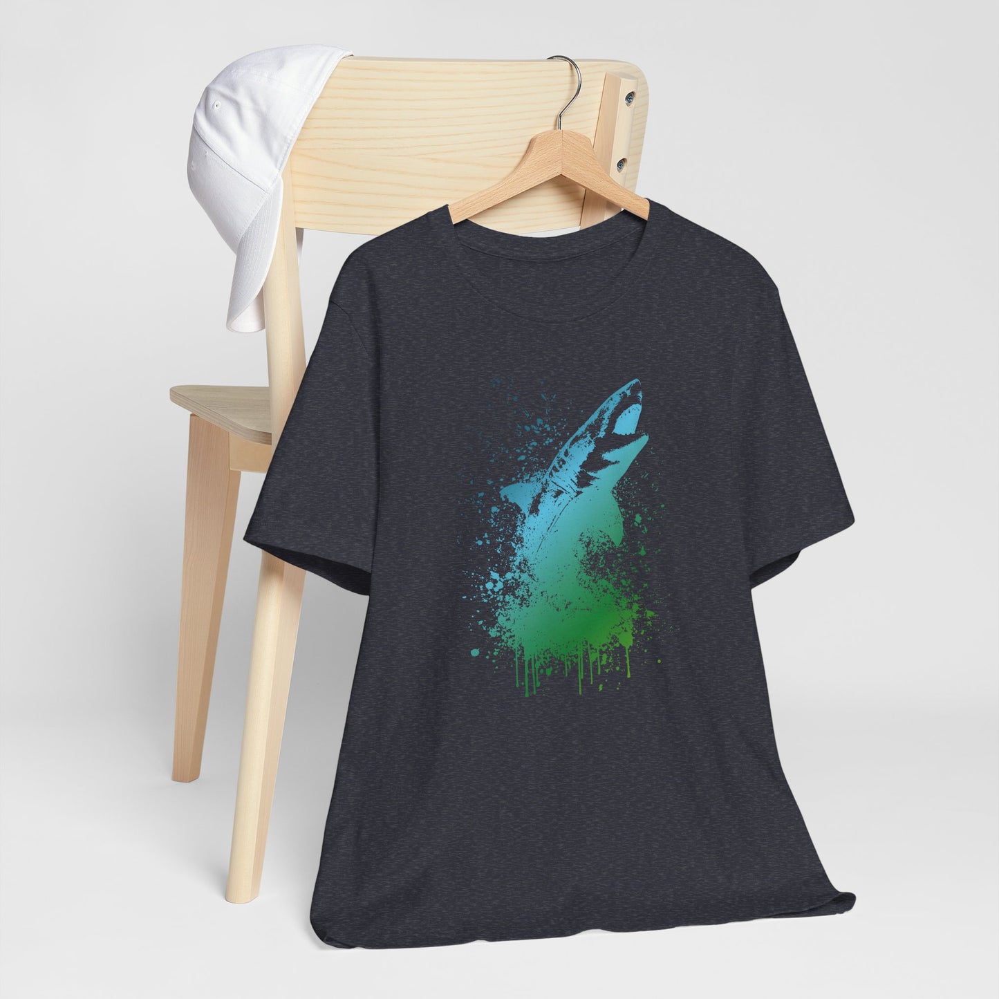 Great White Graphic Tee — Blue & Green Watercolor Shark T‑Shirt