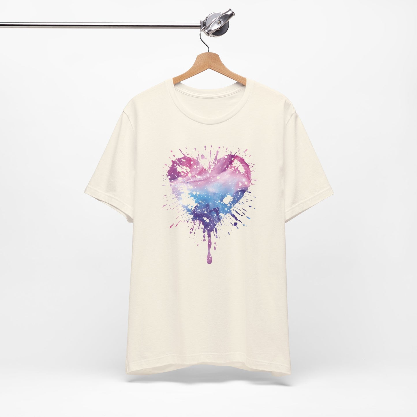 Watercolor Splatter Heart T‑Shirt — Galaxy Pink & Blue Drip Tee
