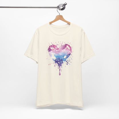 Watercolor Splatter Heart T‑Shirt — Galaxy Pink & Blue Drip Tee