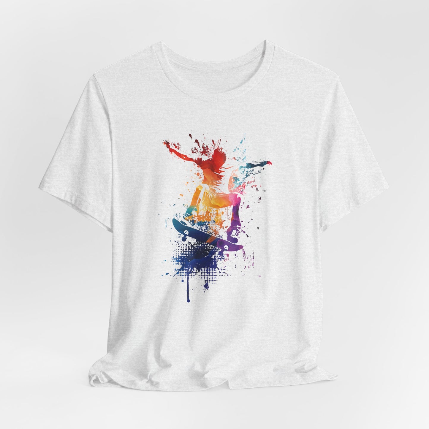 Skateboard Splash Tee — Colorful Watercolor Skateboarder Graphic T‑Shirt