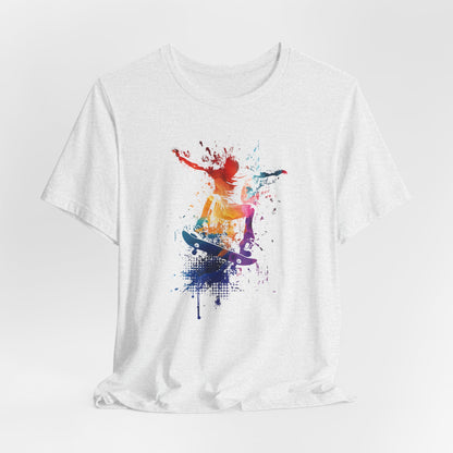 Skateboard Splash Tee — Colorful Watercolor Skateboarder Graphic T‑Shirt