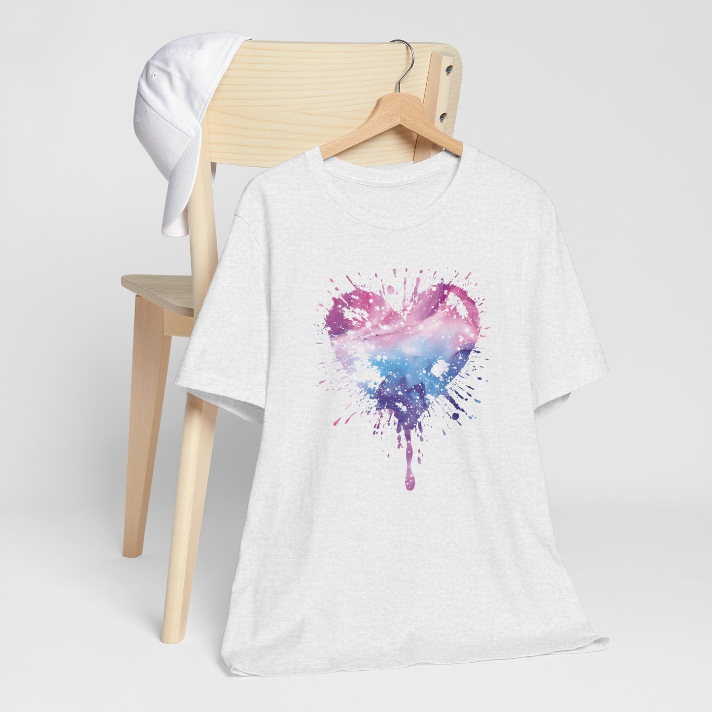 Watercolor Splatter Heart T‑Shirt — Galaxy Pink & Blue Drip Tee