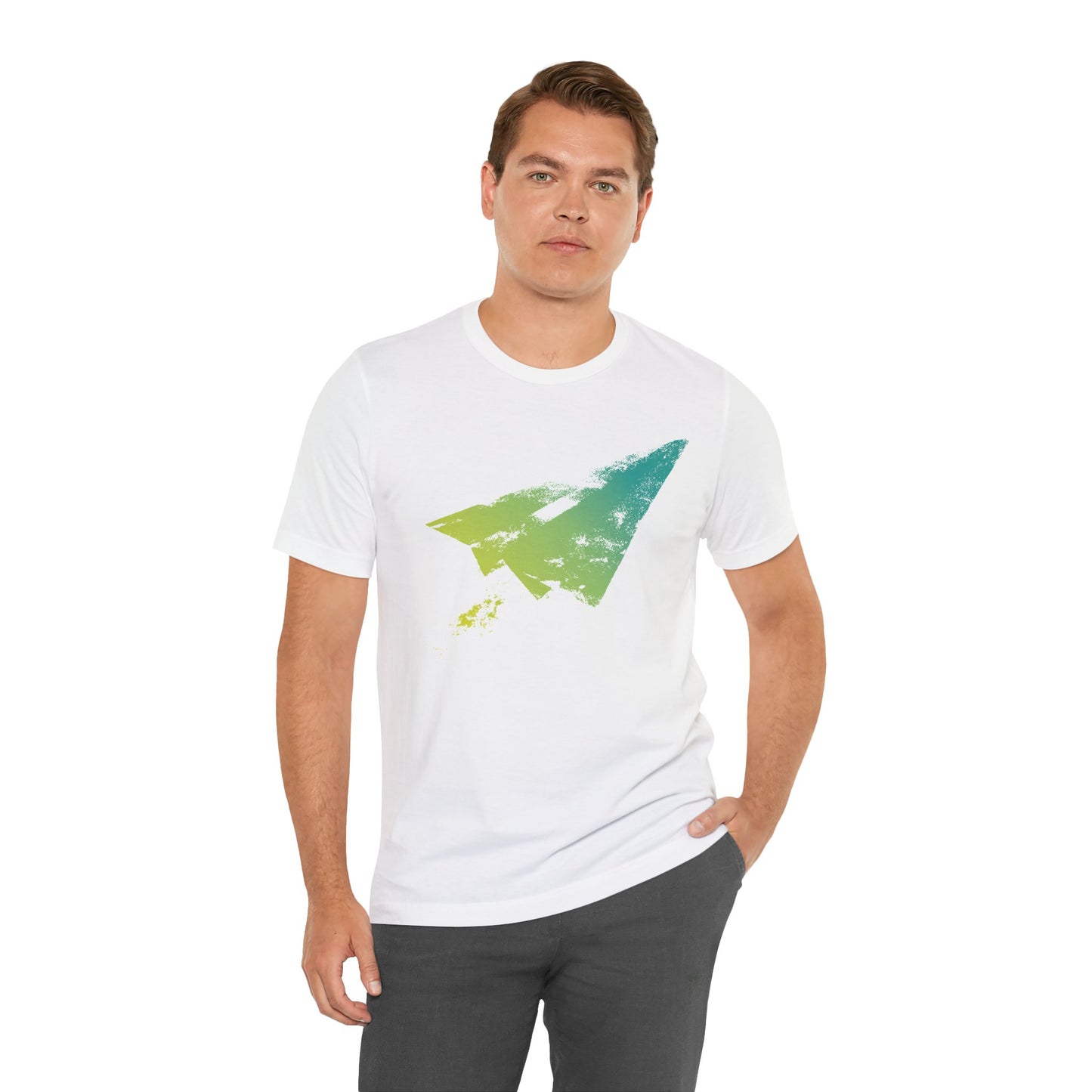 Paper Airplane Graphic Tee — Green Gradient Flight T‑Shirt