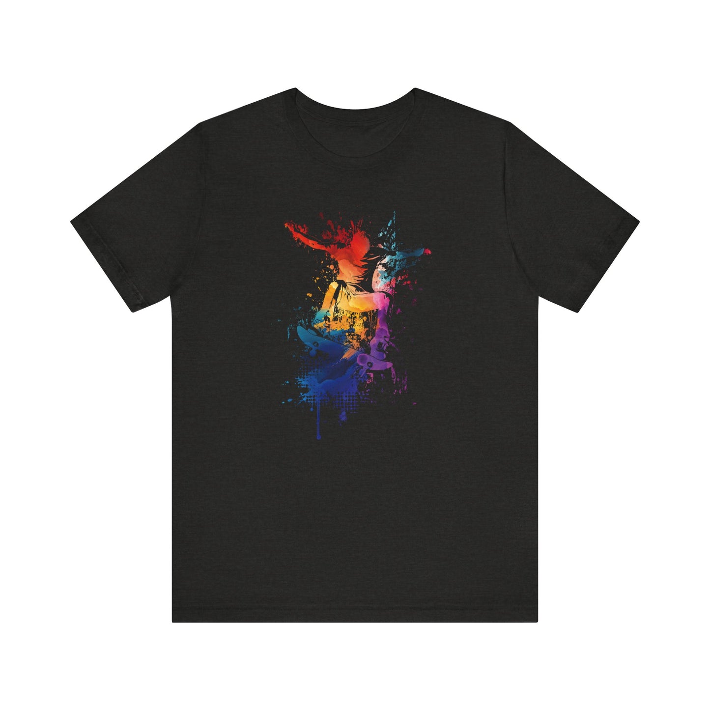Skateboard Splash Tee — Colorful Watercolor Skateboarder Graphic T‑Shirt