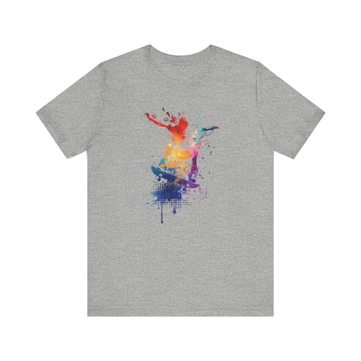 Skateboard Splash Tee — Colorful Watercolor Skateboarder Graphic T‑Shirt
