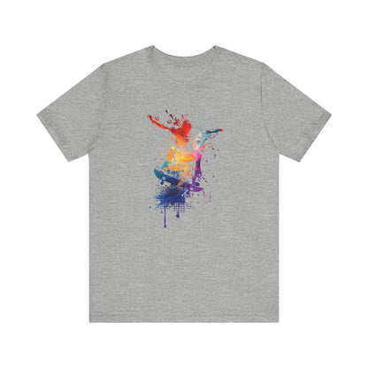 Skateboard Splash Tee — Colorful Watercolor Skateboarder Graphic T‑Shirt