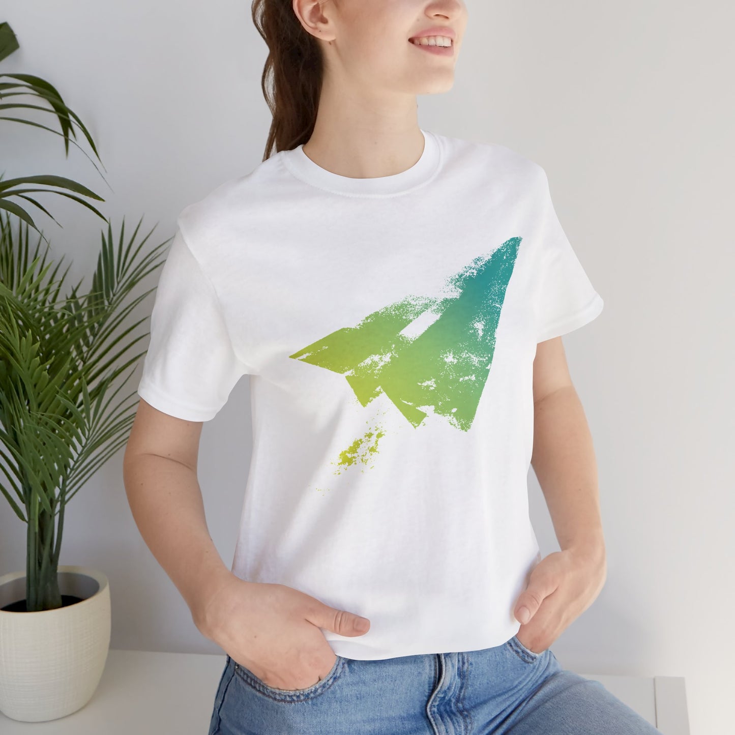 Paper Airplane Graphic Tee — Green Gradient Flight T‑Shirt