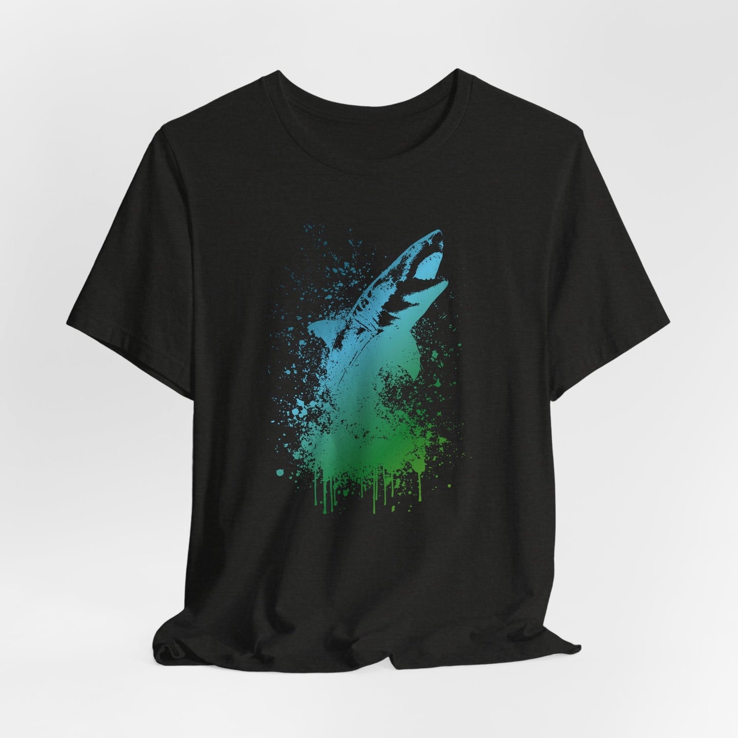 Great White Graphic Tee — Blue & Green Watercolor Shark T‑Shirt