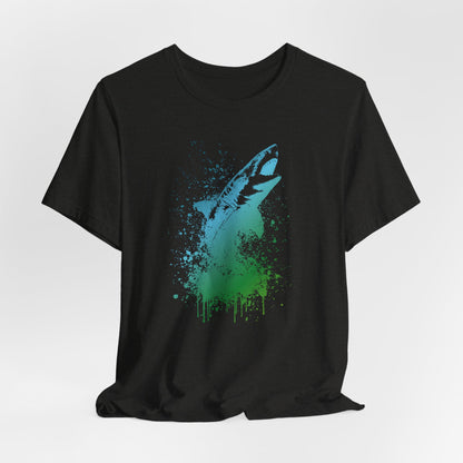 Great White Graphic Tee — Blue & Green Watercolor Shark T‑Shirt