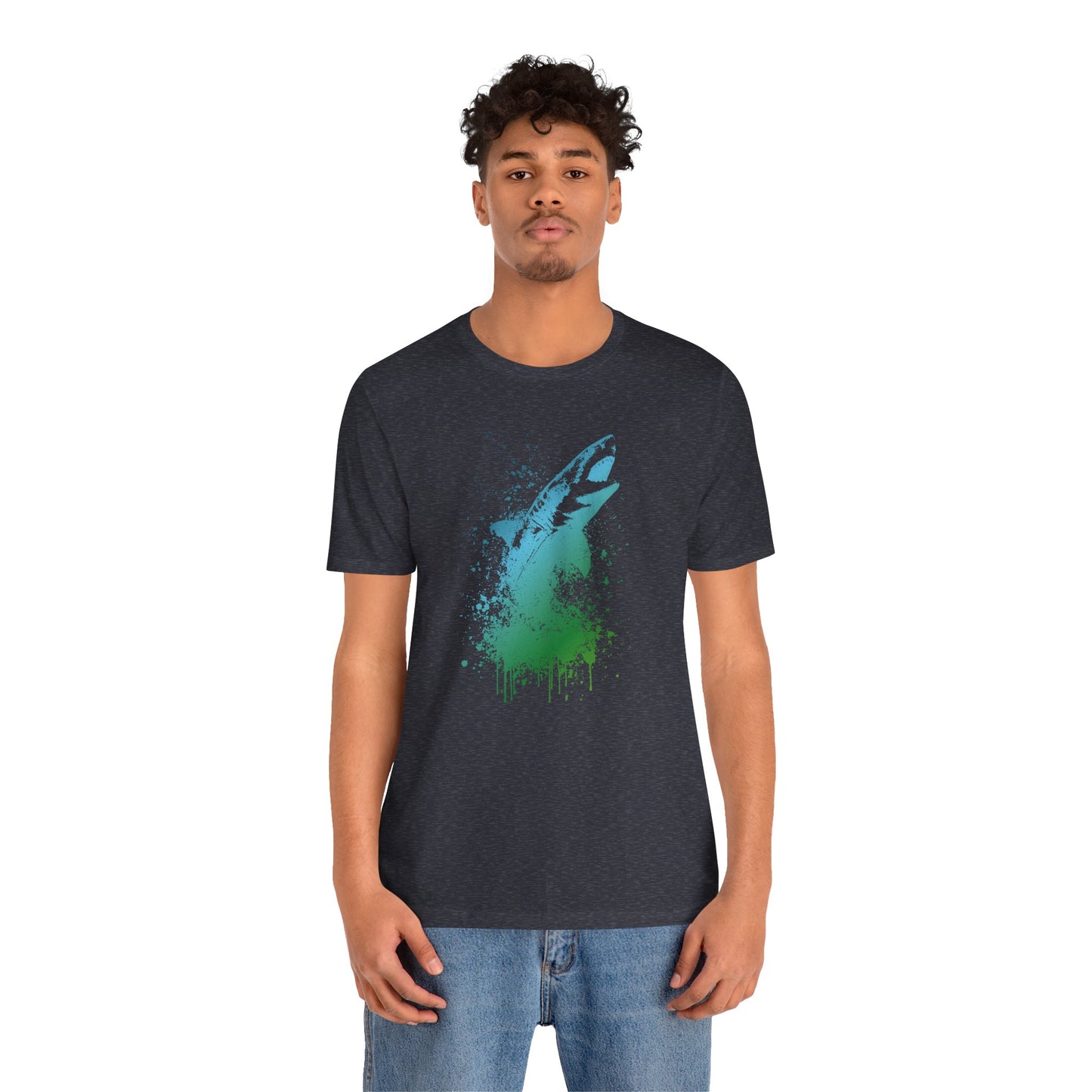 Great White Graphic Tee — Blue & Green Watercolor Shark T‑Shirt