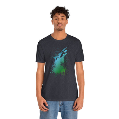 Great White Graphic Tee — Blue & Green Watercolor Shark T‑Shirt